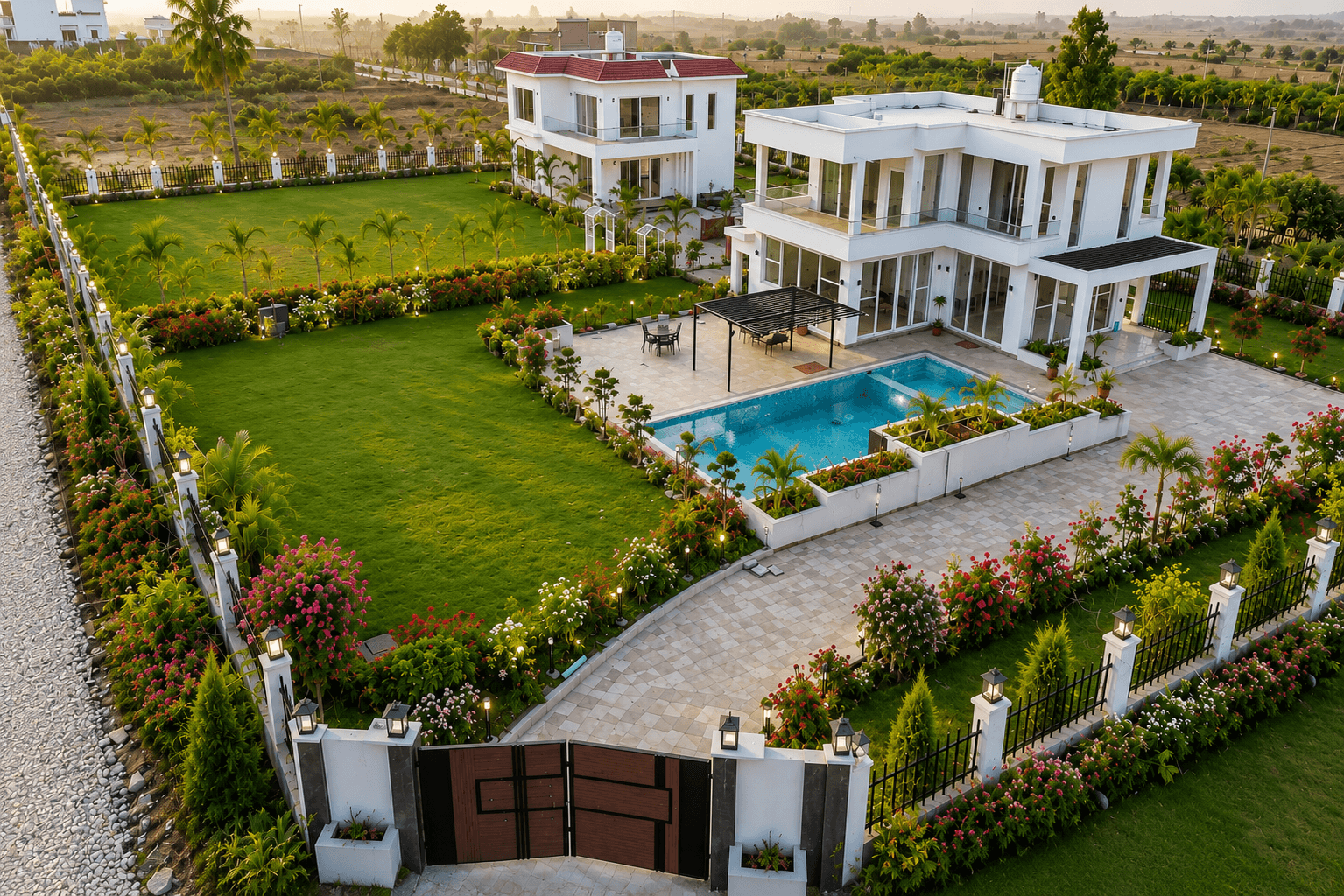 The Villagio Farm House Lucknow entrance signage and landscaped gateway